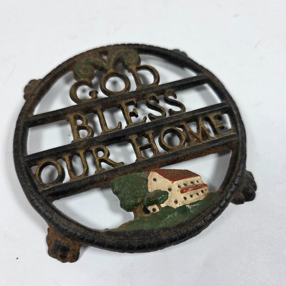 Vintage Cast Iron Trivet Bless Our Home 4.5” Farmhouse Rustic Kitchen Decor Rust